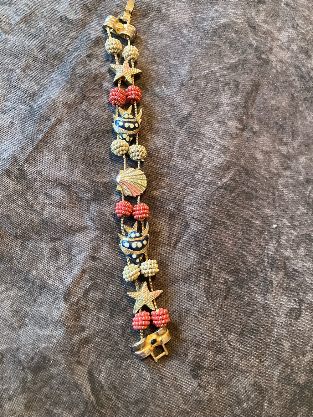 Handcrafted Gold-Tone Nautical Charm Bracelet with Red and Cream Beads